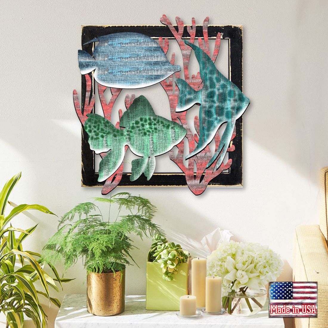 Colorful Fish Rustic Wooden Wall Decor by G. DeBrekht - Coastal Sea-Life Decor - G98537S3