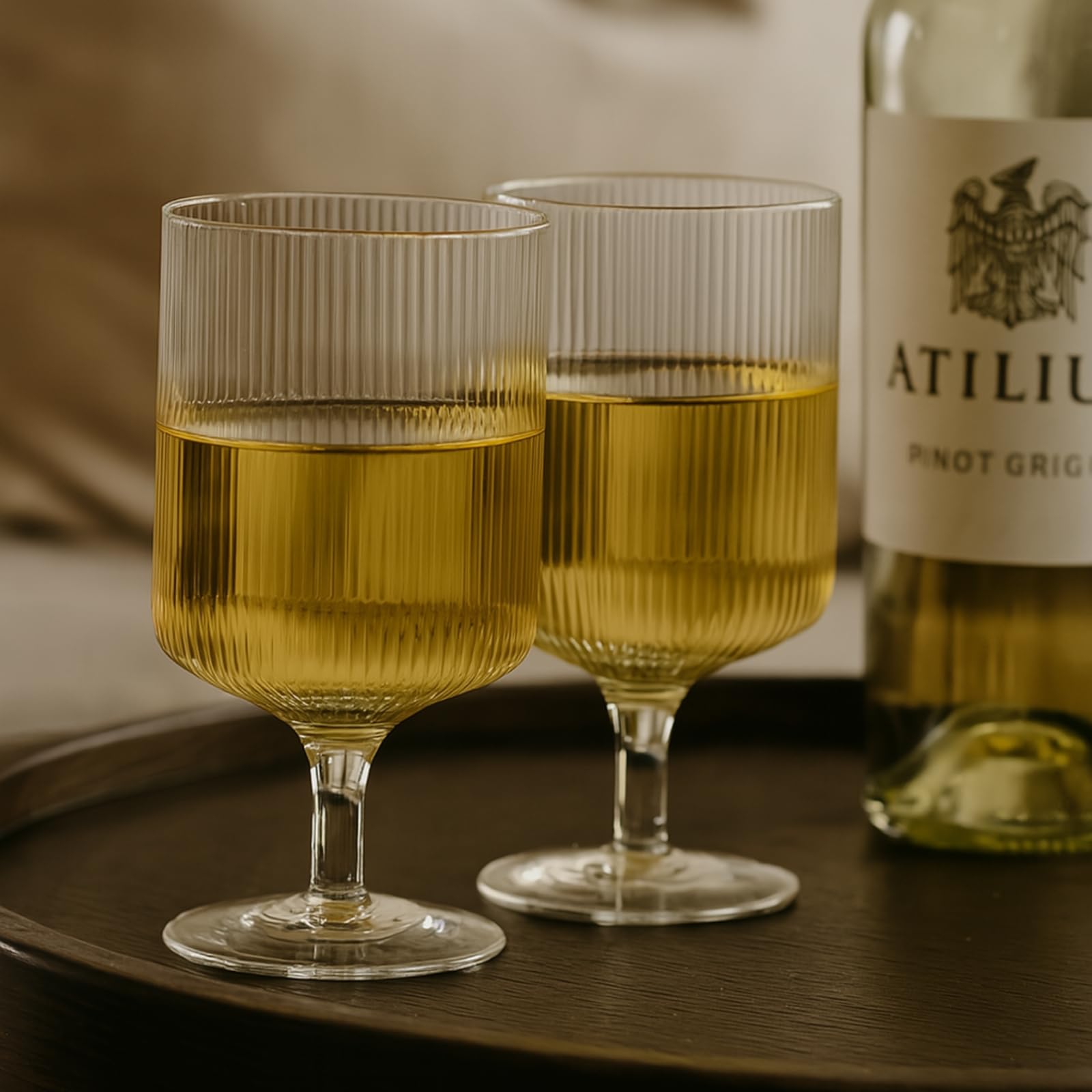 Khen Textured Clear Glass Ribbed Modern Elegant Wine Goblets | Set of 2