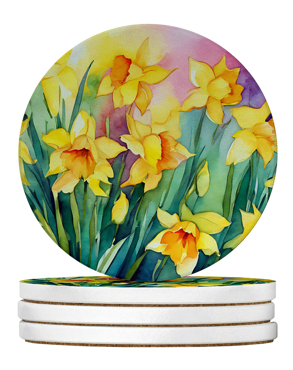 Daffodils in Watercolor Sandstone Coasters | Set of 4