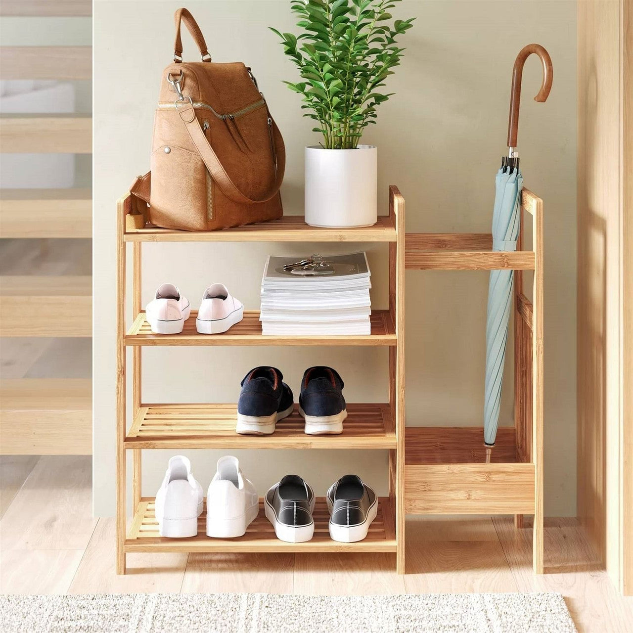 2-Shelf Entryway Shoe Rack Bench with Bla2-in-1 Entryway 4-Shelf Bamboo Shoe Rack and Umbrella Hold