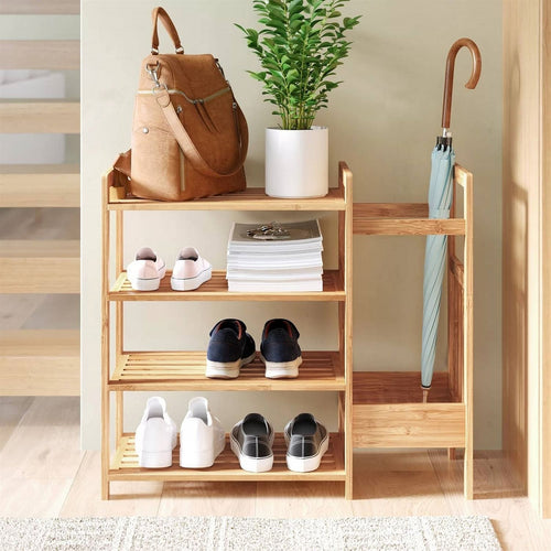 2-Shelf Entryway Shoe Rack Bench with Bla2-in-1 Entryway 4-Shelf Bamboo Shoe Rack and Umbrella Hold