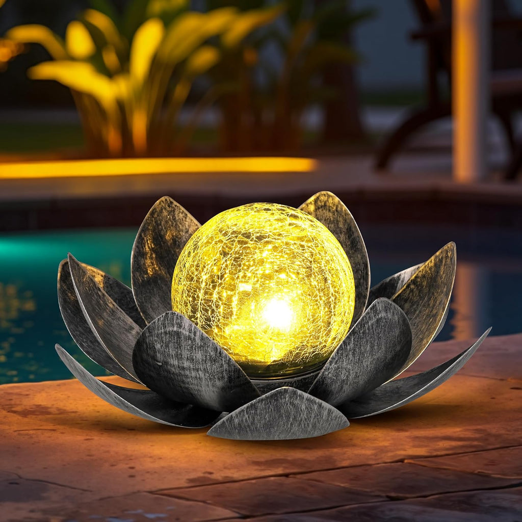 GIGALUMI Solar Lights Outdoor Garden Decoration, Adjustable Metal Petals, Lotus Flower, Glass Lantern, Table Decoration, Waterproof, for Patio (Grey)