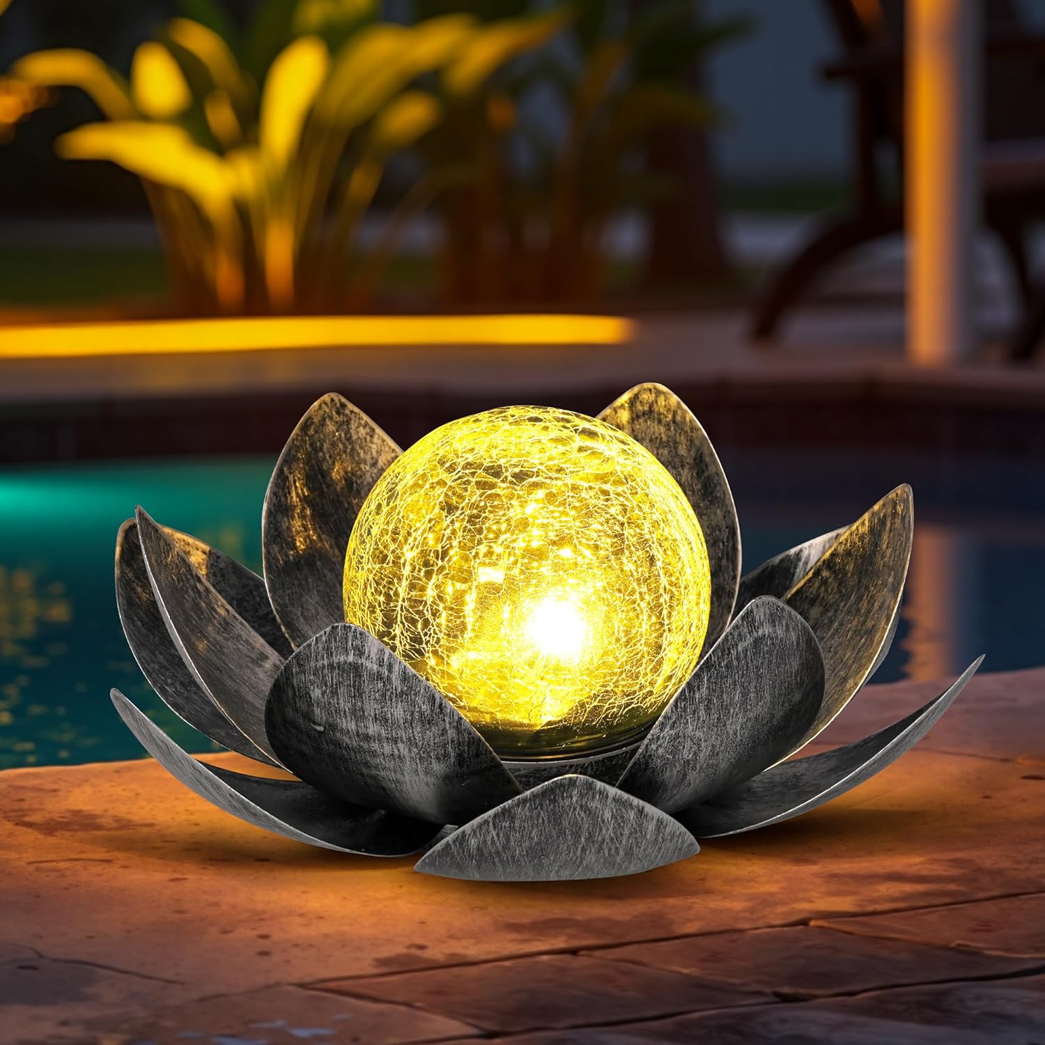 GIGALUMI Solar Lights Outdoor Garden Decoration, Adjustable Metal Petals, Lotus Flower, Glass Lantern, Table Decoration, Waterproof, for Patio (Grey)