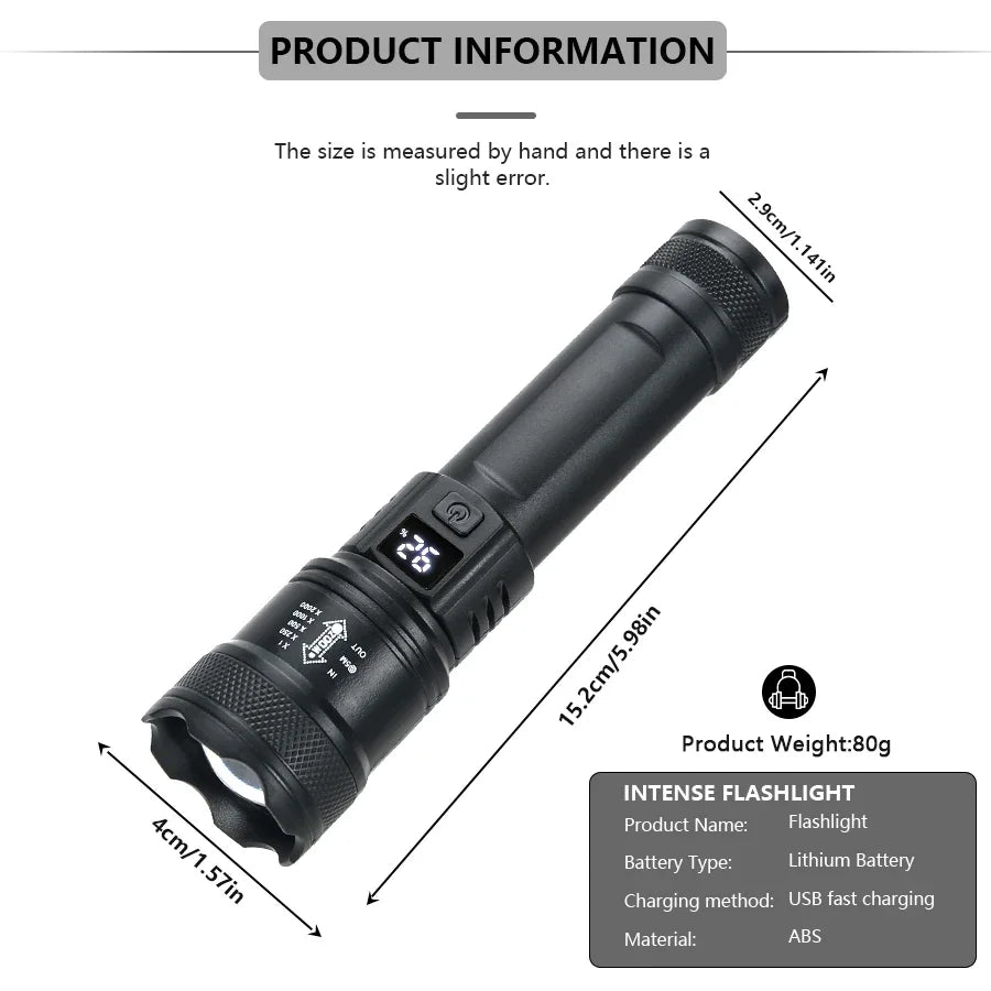 High Power LED Flashlight – 2000LM Zoomable Tactical Torch with USB Charging