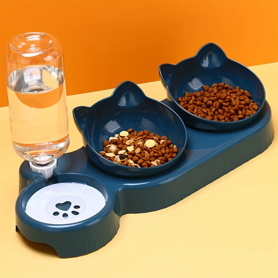 3-in-1 Cat Bowl Set – Tilted Ear Design with Gravity Water Feeder & Neck Protection