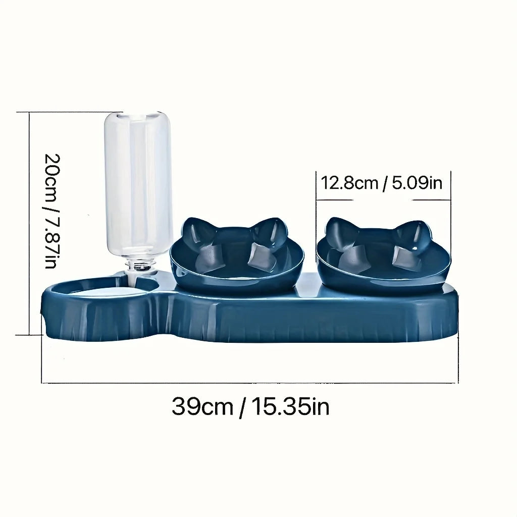 3-in-1 Cat Bowl Set – Tilted Ear Design with Gravity Water Feeder & Neck Protection