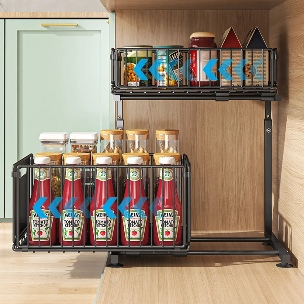 2-Tier Pull-Out Cabinet Organizer | Adjustable Slide-Out Drawer for Kitchen, Pantry & Under Sink