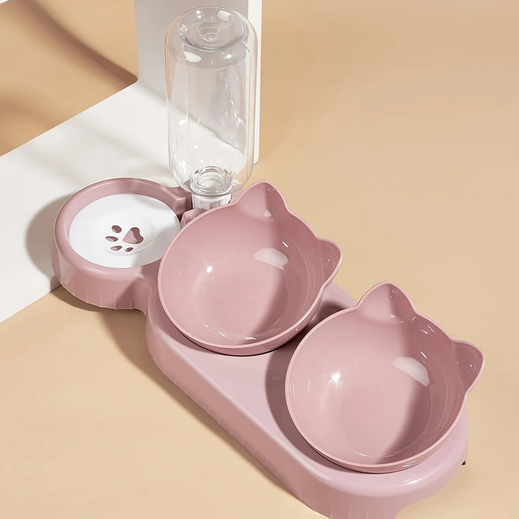 3-in-1 Cat Bowl Set – Tilted Ear Design with Gravity Water Feeder & Neck Protection