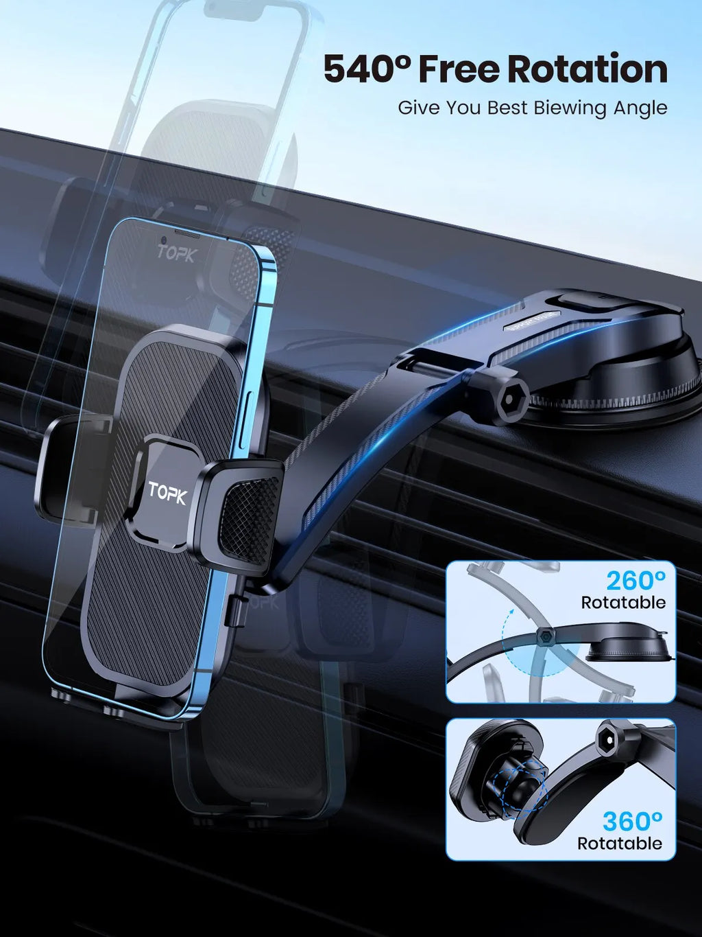 TOPK Car Phone Holder – Universal Mount for Air Vent, Dashboard & Windshield