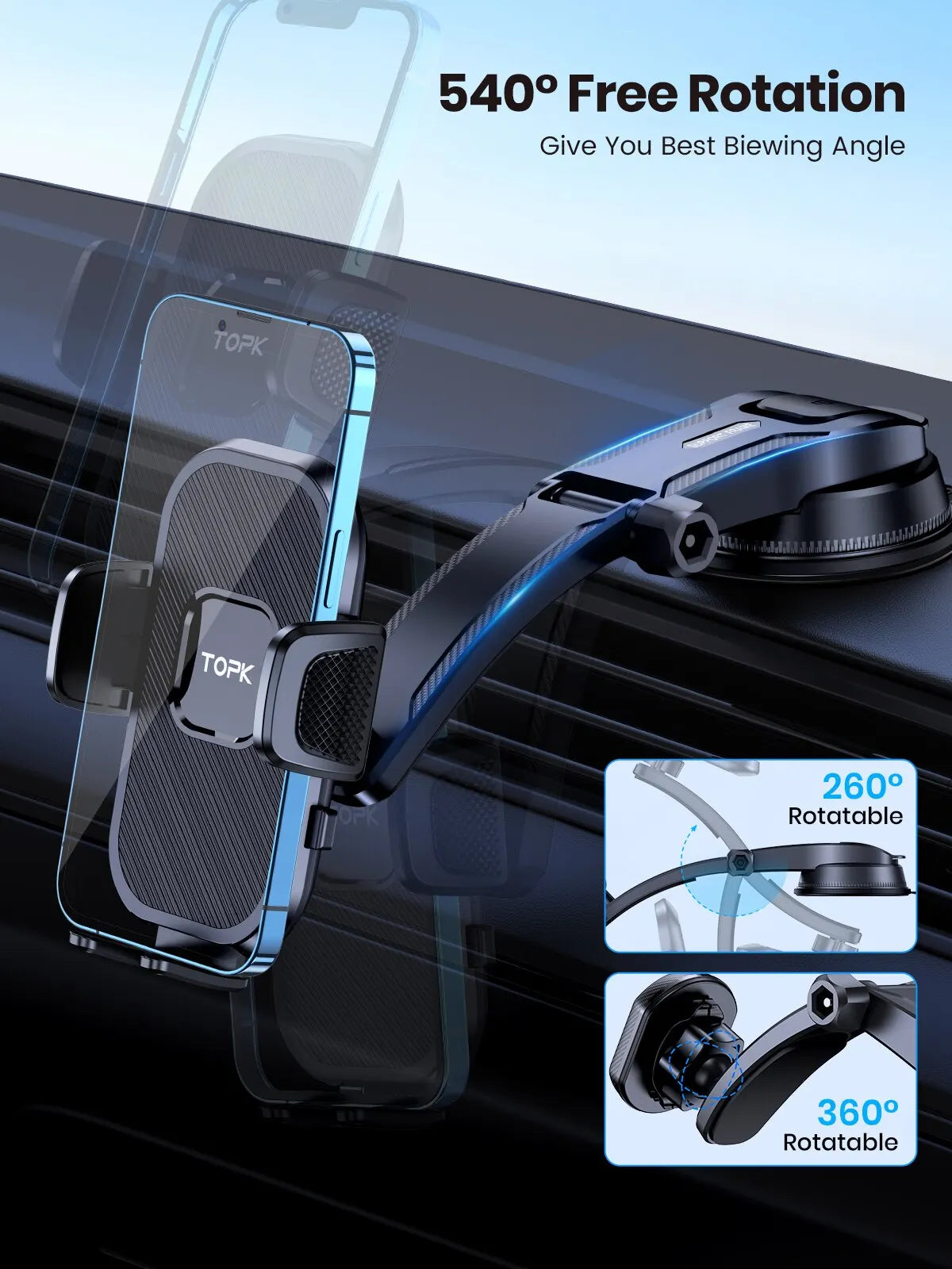 TOPK Car Phone Holder – Universal Mount for Air Vent, Dashboard & Windshield