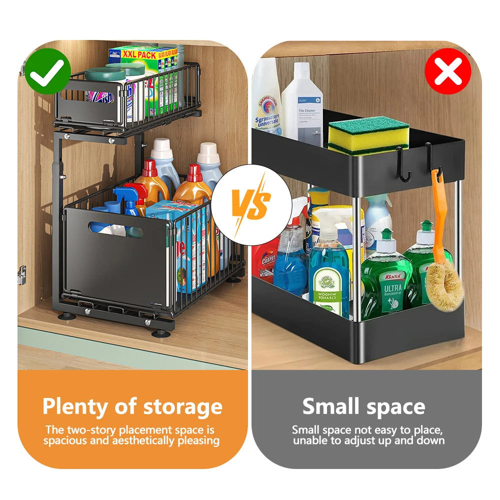 2-Tier Pull-Out Cabinet Organizer | Adjustable Slide-Out Drawer for Kitchen, Pantry & Under Sink