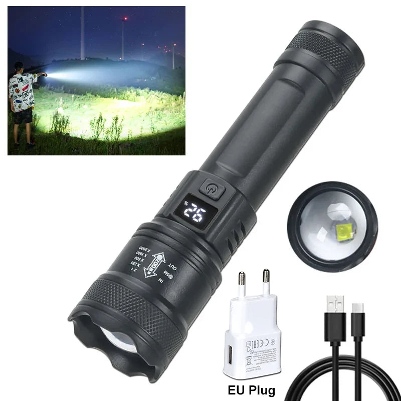 High Power LED Flashlight – 2000LM Zoomable Tactical Torch with USB Charging