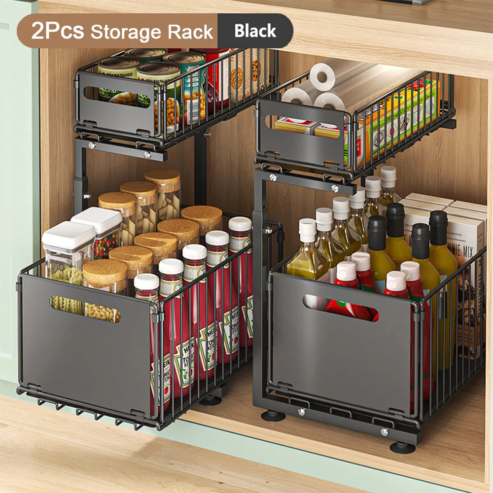 2-Tier Pull-Out Cabinet Organizer | Adjustable Slide-Out Drawer for Kitchen, Pantry & Under Sink