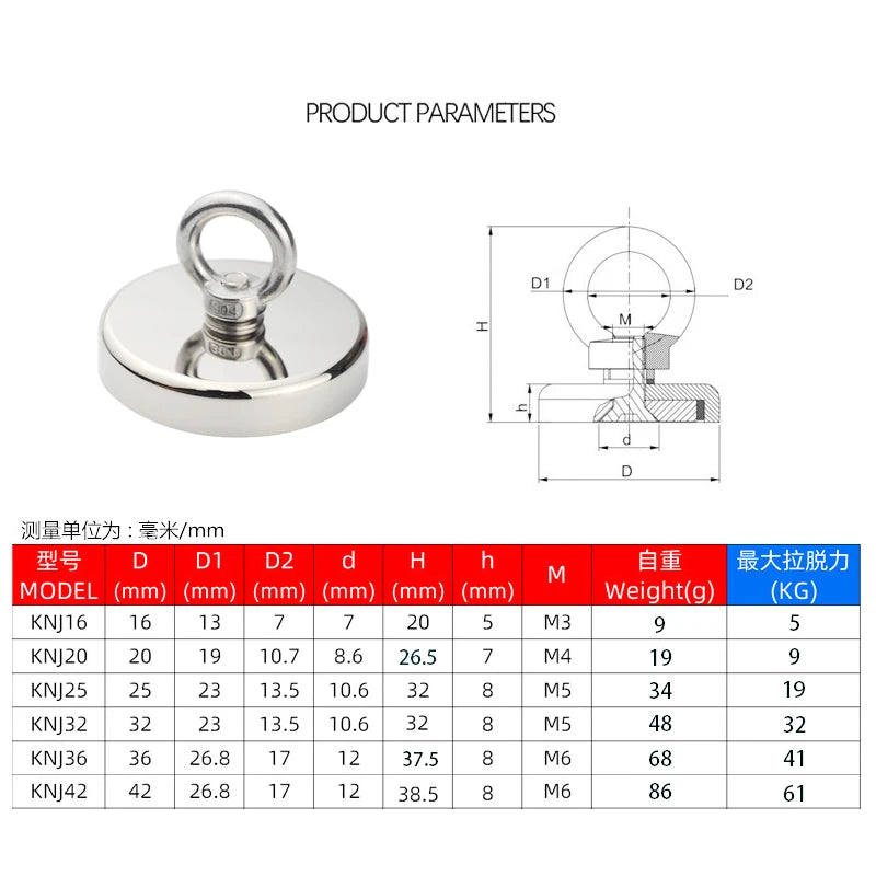 Super Strong Neodymium Fishing Magnet – Heavy Duty with Eyebolt (5kg–61kg)