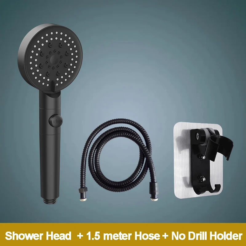 5-Function Handheld Shower Head with Stop Button — Silicone Nozzle, Easy Clean