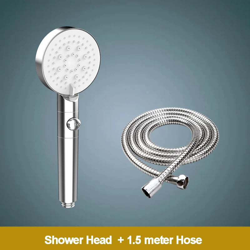 5-Function Handheld Shower Head with Stop Button — Silicone Nozzle, Easy Clean
