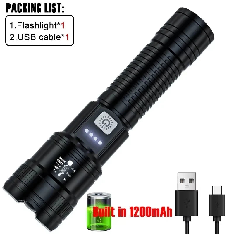 High Power LED Flashlight – 2000LM Zoomable Tactical Torch with USB Charging