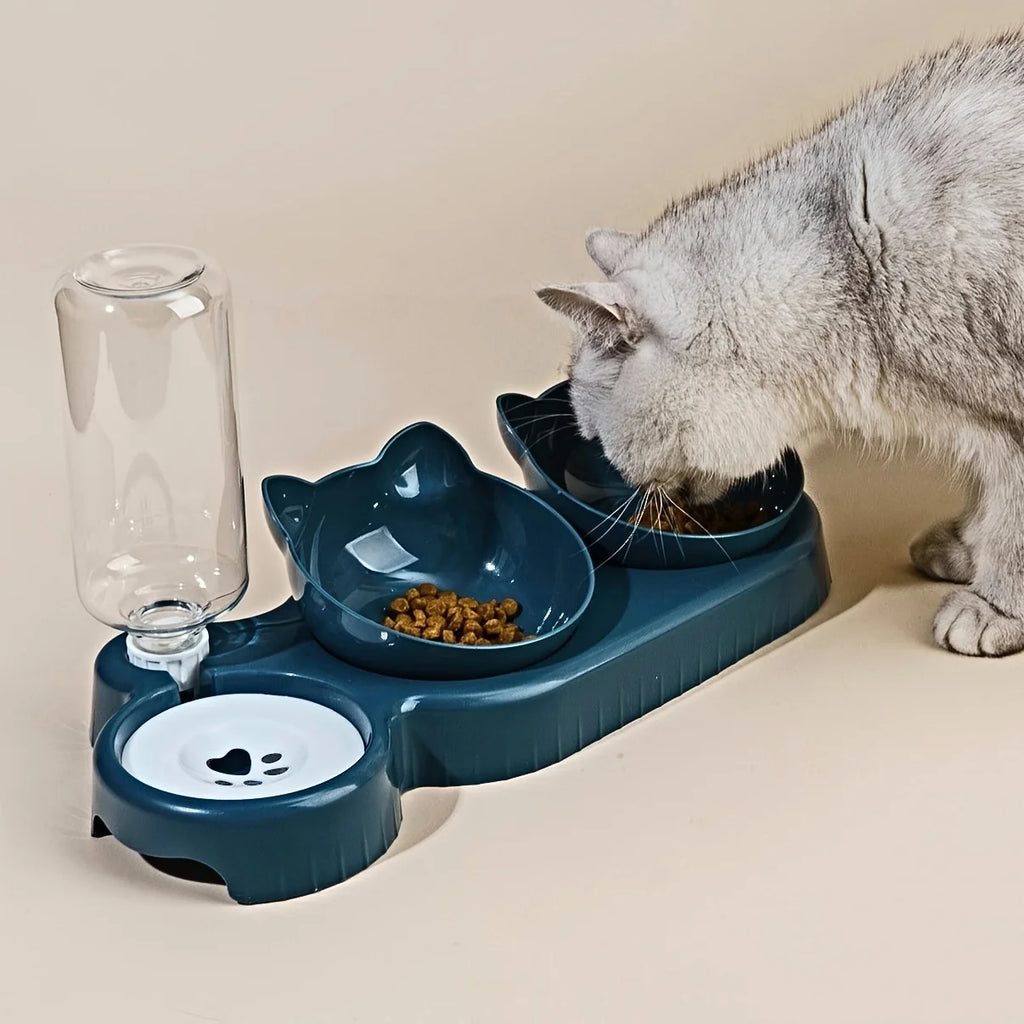 3-in-1 Cat Bowl Set – Tilted Ear Design with Gravity Water Feeder & Neck Protection