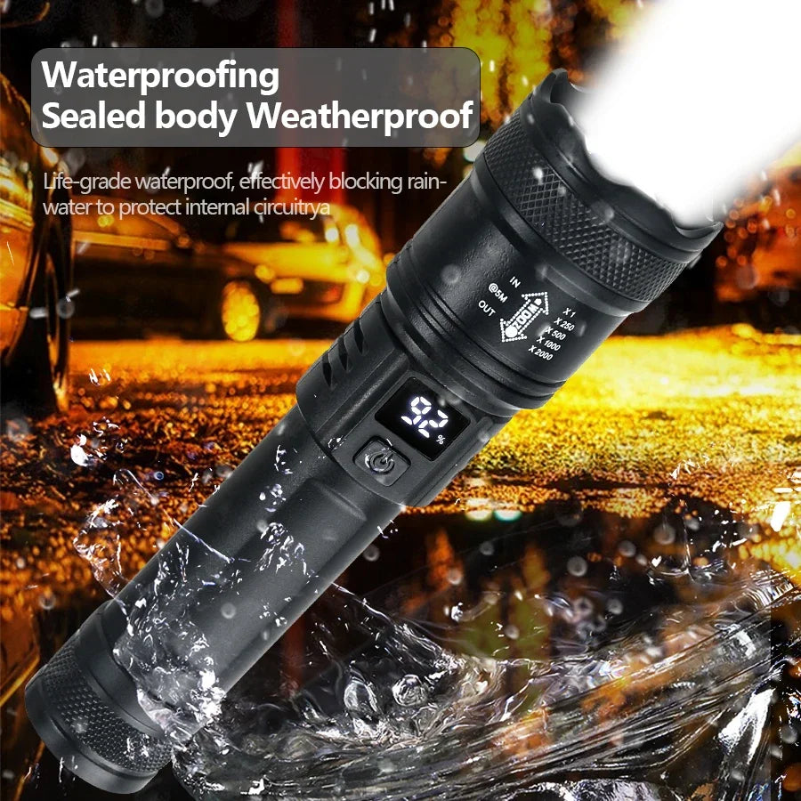 High Power LED Flashlight – 2000LM Zoomable Tactical Torch with USB Charging