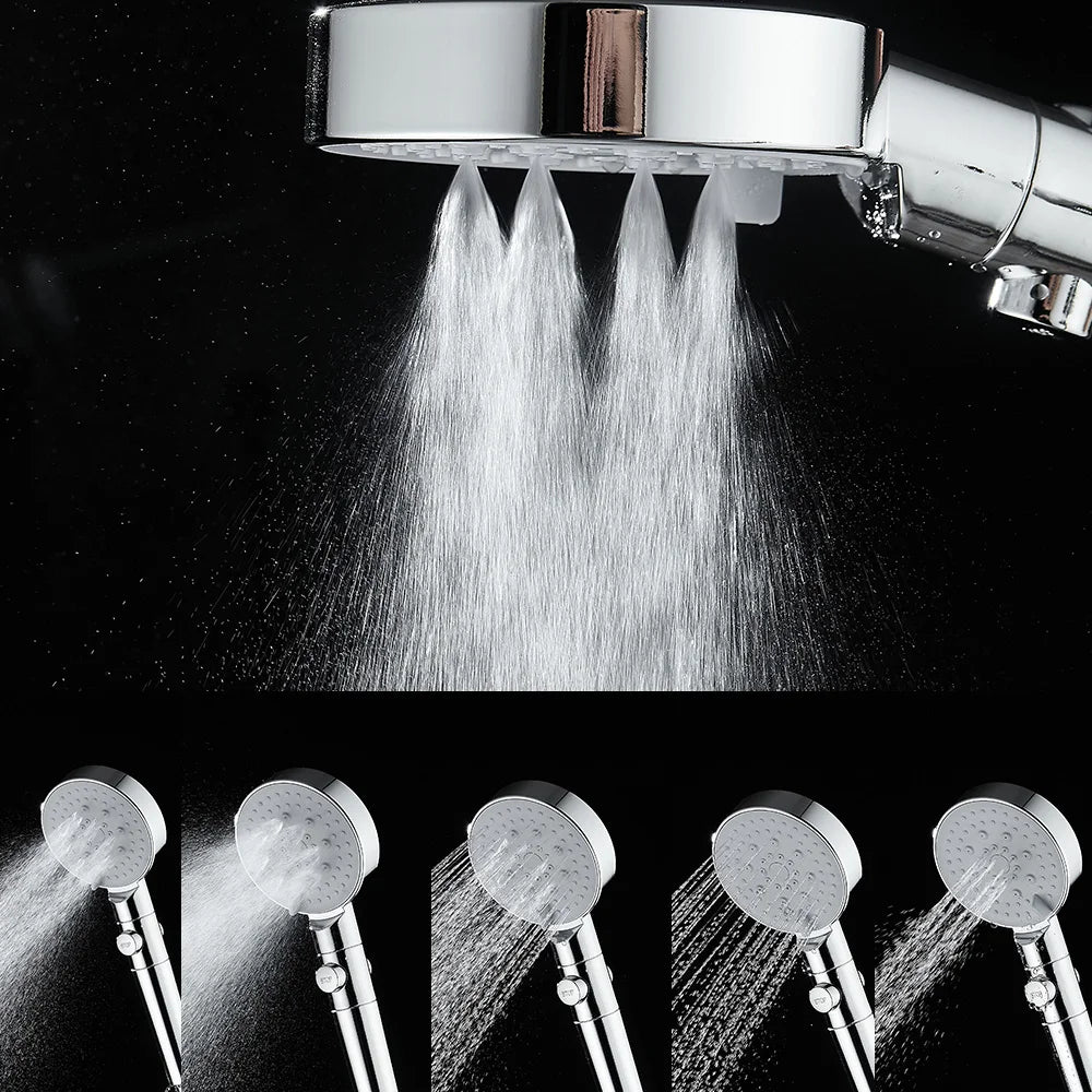 5-Function Handheld Shower Head with Stop Button — Silicone Nozzle, Easy Clean