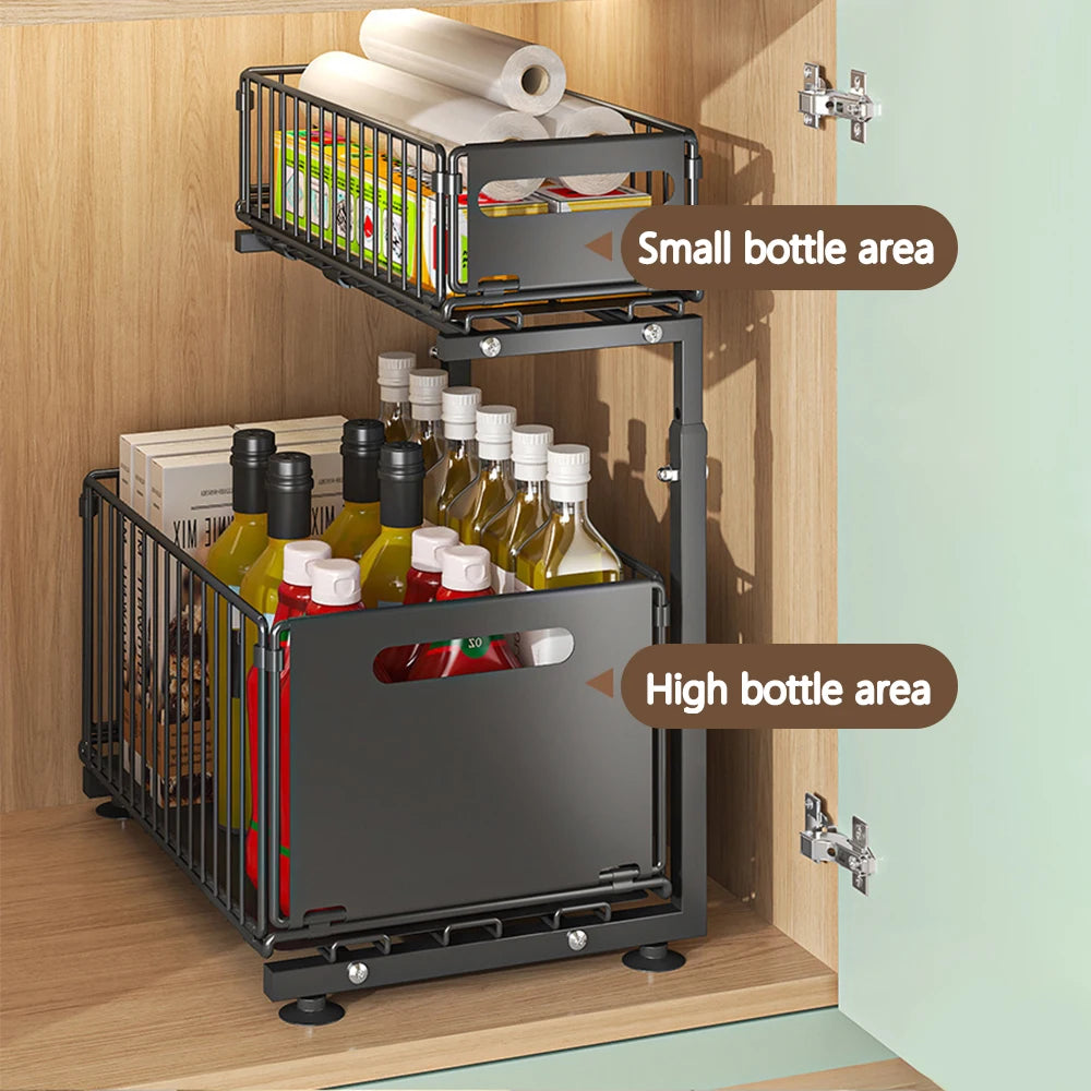 2-Tier Pull-Out Cabinet Organizer | Adjustable Slide-Out Drawer for Kitchen, Pantry & Under Sink