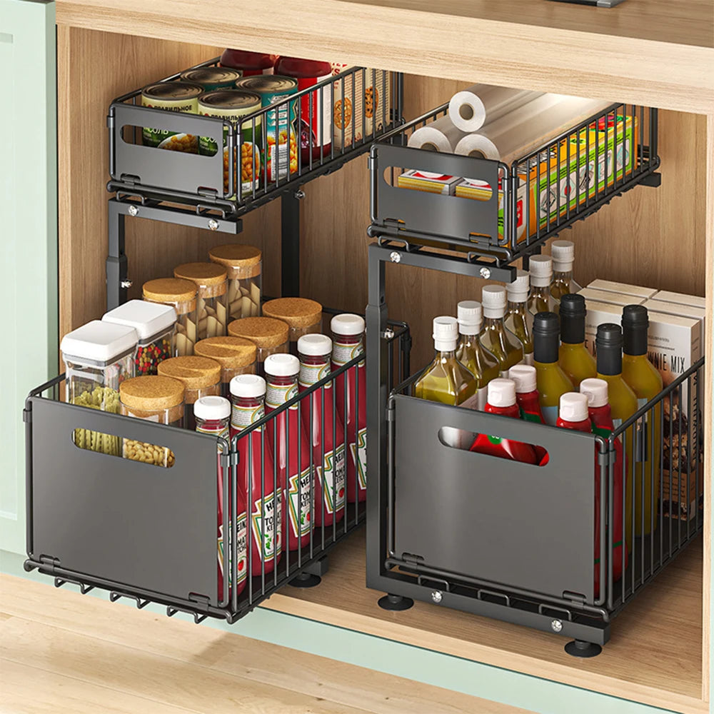 2-Tier Pull-Out Cabinet Organizer | Adjustable Slide-Out Drawer for Kitchen, Pantry & Under Sink