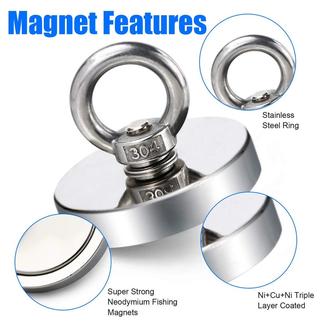 Super Strong Neodymium Fishing Magnet – Heavy Duty with Eyebolt (5kg–61kg)