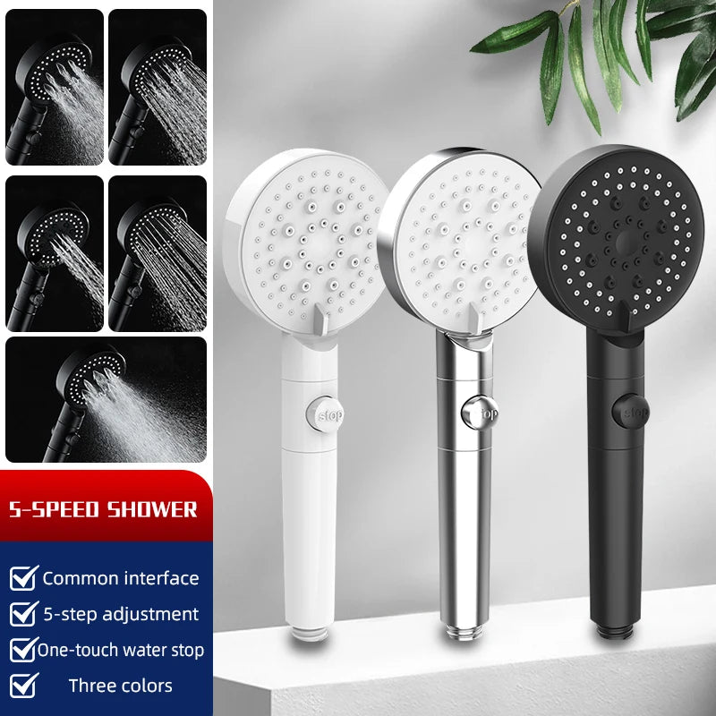 5-Function Handheld Shower Head with Stop Button — Silicone Nozzle, Easy Clean