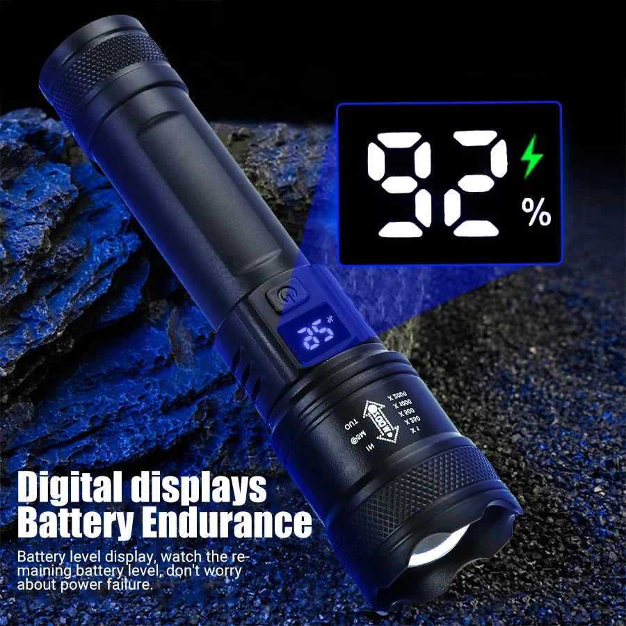 High Power LED Flashlight – 2000LM Zoomable Tactical Torch with USB Charging