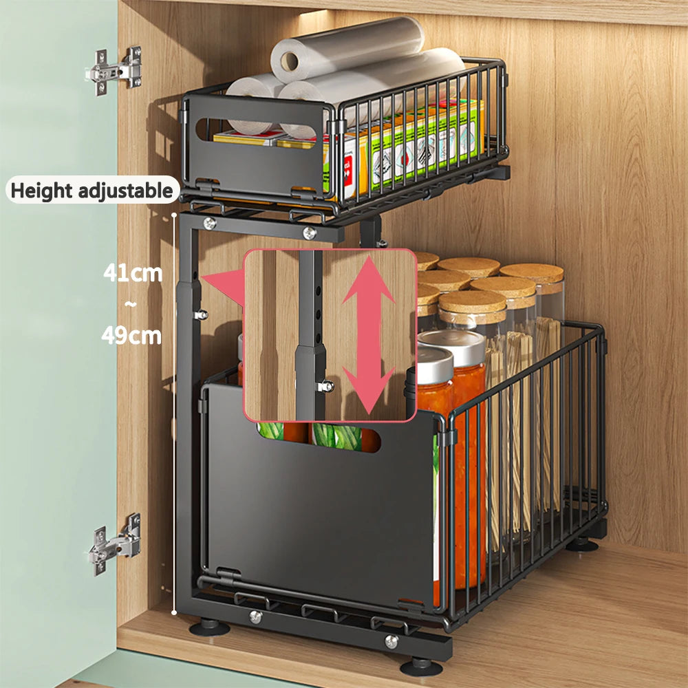 2-Tier Pull-Out Cabinet Organizer | Adjustable Slide-Out Drawer for Kitchen, Pantry & Under Sink