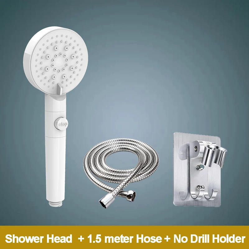 5-Function Handheld Shower Head with Stop Button — Silicone Nozzle, Easy Clean
