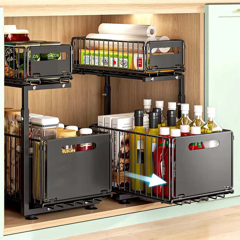 2-Tier Pull-Out Cabinet Organizer | Adjustable Slide-Out Drawer for Kitchen, Pantry & Under Sink