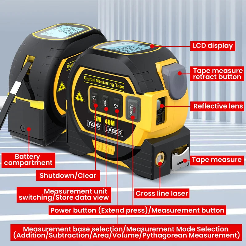 3-in-1 Laser Tape Measure | Digital Rangefinder + Steel Tape | High Precision
