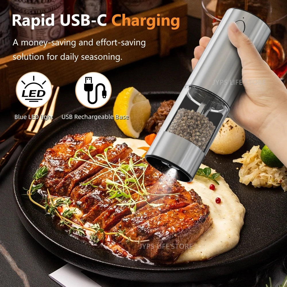 USB Rechargeable Electric Salt & Pepper Grinder | One-Handed Operation with LED Light