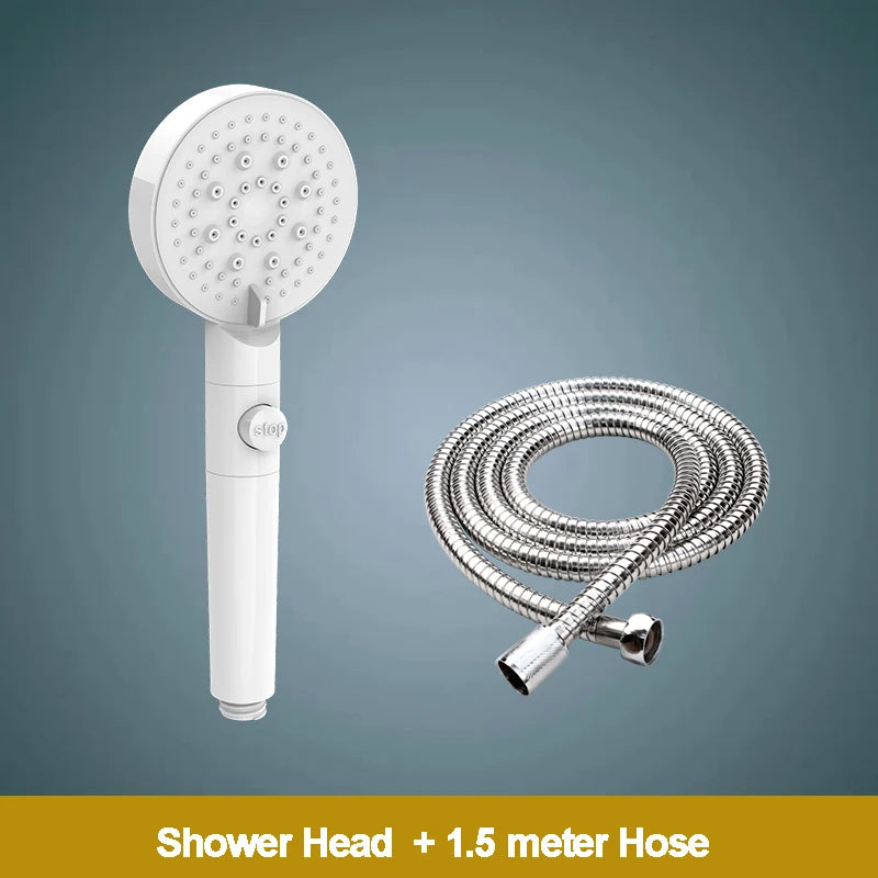 5-Function Handheld Shower Head with Stop Button — Silicone Nozzle, Easy Clean