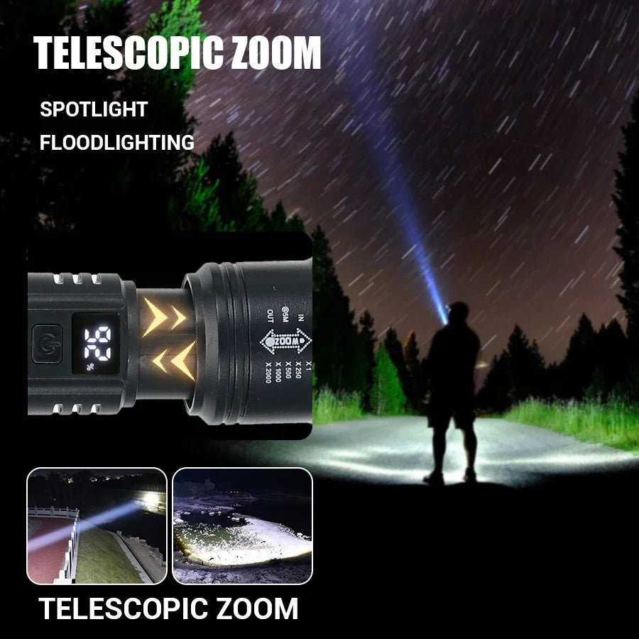 High Power LED Flashlight – 2000LM Zoomable Tactical Torch with USB Charging