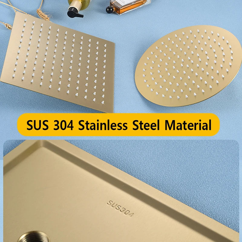 Luxury Gold Rainfall Shower Head — SUS 304 Stainless Steel, Round & Square