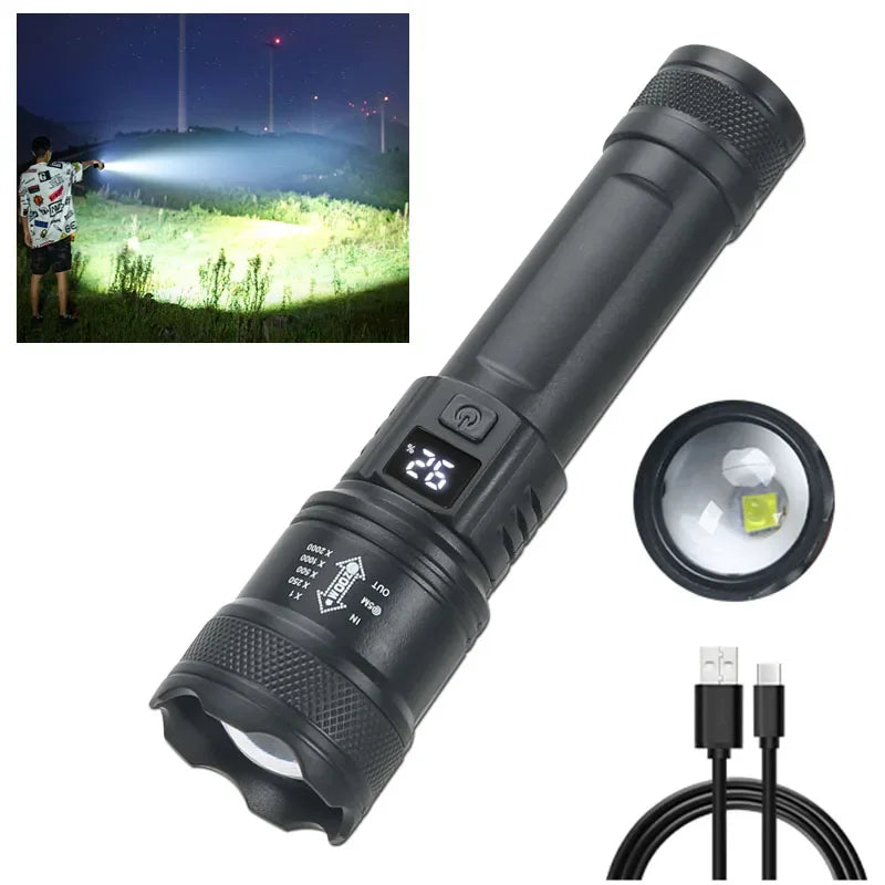 High Power LED Flashlight – 2000LM Zoomable Tactical Torch with USB Charging