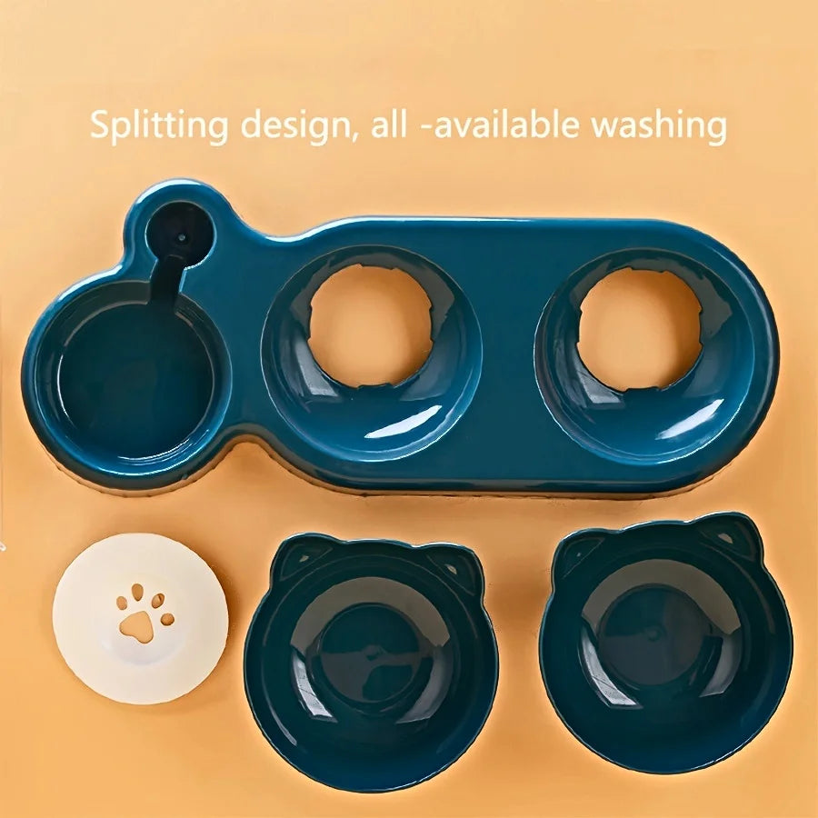 3-in-1 Cat Bowl Set – Tilted Ear Design with Gravity Water Feeder & Neck Protection