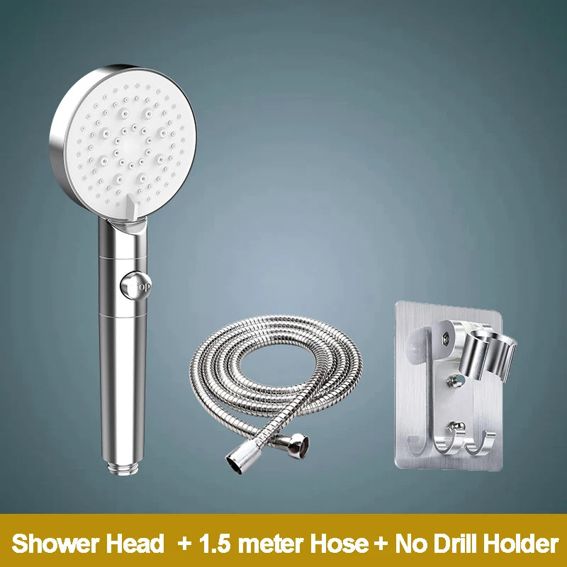 5-Function Handheld Shower Head with Stop Button — Silicone Nozzle, Easy Clean