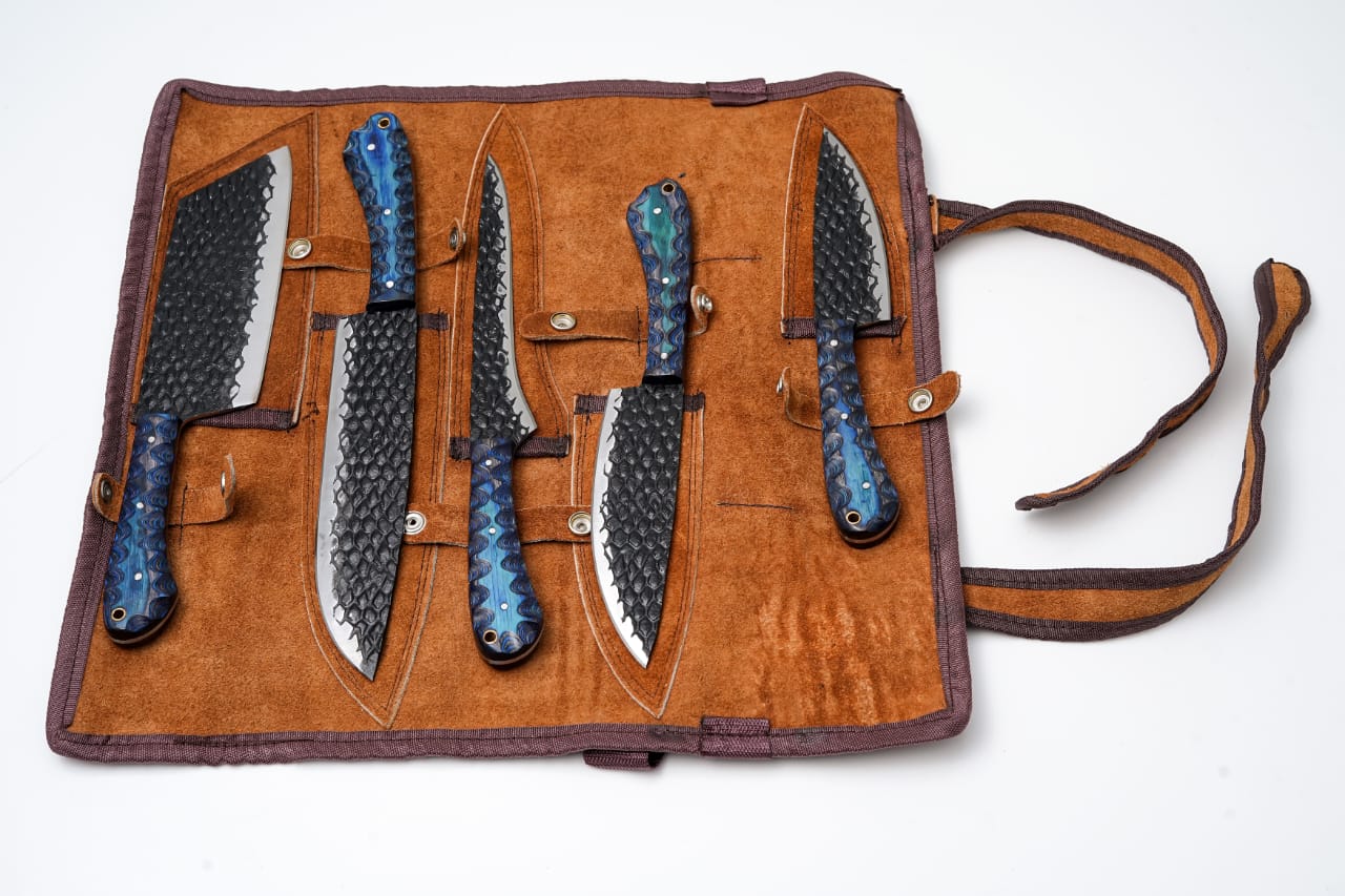 5-Piece Hand-Forged Kitchen Knife Set - Dragon Scale Carbon Steel & Blue Diamond Wood Handles